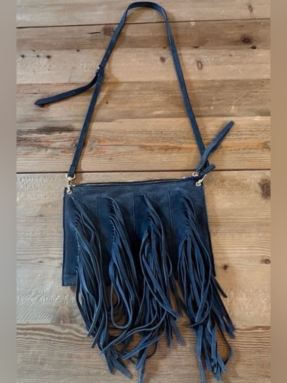 Inzi Slate Suede Fringe Crossbody
